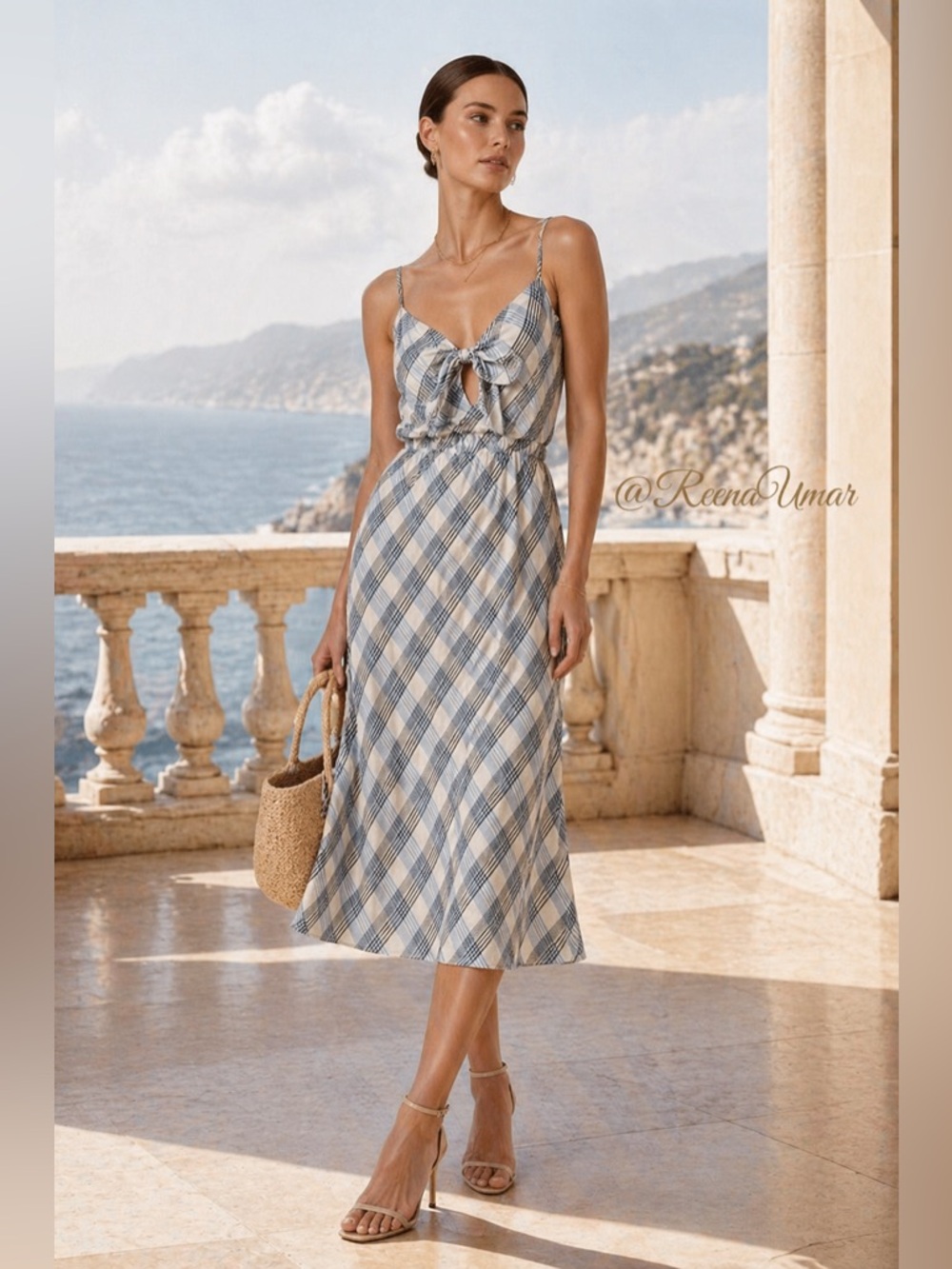 Joie Blue & White Plaid Tie-Front Midi Dress